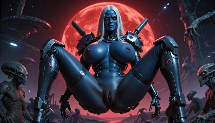 Sexy nude female alien, four huge massive breasts, two pairs of breasts, dark blue all body skin, bright white straight hair, dark red eyes, curvy, toned legs, swollen pussy, cameltoe, war armored, big cleavage, showing pussy, and extremely terrifying but horny manner, she floats in the air at alien world, red sun, Surrounded by alien creatures