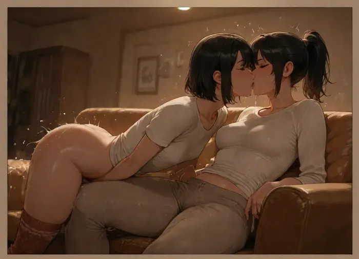 two women, black hair, ponytail, short hair, (tall:1.2), (short:1.2), flat chest, medium breasts, sitting on couch, (masturbating:1.2), bottomless, knitted thighhighs, (fully clothed in pants), (plain shirt), in house, rich room, furniture, squirming, (juices dripping:1.5), yelling, orgasm, legs spread, hands in pants, <lora:thigh_highs_SDXL:.8>, kissing
