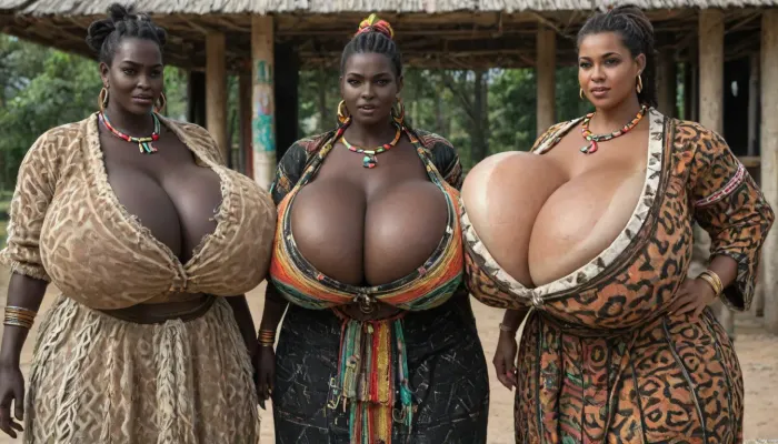 (an African tribe only of absolutely black skinned female tribal women:1.95), (very overflowing gigantic massive very saggy breasts cleavage:1.95), Tribal village square, African tribal updo hairstyle, rich decorated African traditional tribal jewelry, (colorful African traditional tribal fur clothes:1.55), (very gigantic massive overflowing colorful low cut cleavage:1.05), presenting bust, wide hips, small waist, very hairy pussy, (fully clothed, no nudity:2), loincloth, colorful kanga, colorful gomesi, colorful kitenge, colorful sarong, proud, arrogant, slutty, sloppy