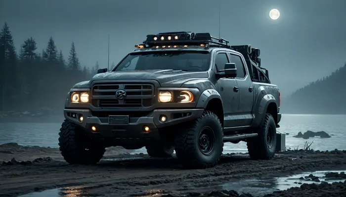 A fantasy-style concept military pickup truck, (2050), A large truck bed. Chrome outlines of the parts. Individual tuning from the company, without small details. Tinted windows. Gray fog, moonlight, close-up, high detail. The truck is parked on the shore of the lake. foggy background., color, (dark:.8), circuitboard, dark, futuristic, drkms, apocalyptic, <lora:Dark_Futuristic_Circuit_Boards:.8>, <lora:DarkGrimFantasyXL-000004:.8>, <lora:Apocalyptic-v2-albedobase:.8>