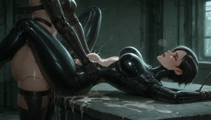 female robot, (black synthetic armor), nude, fucking a human female, strap on, human woman tied to a table, missionary, crying, vaginal penetration, stomach bulge, breeding, excessive cum, standing, Terminator, dystopian future, Lab, <lora:augs:.8>