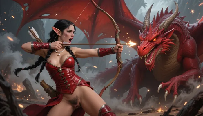 a beautiful young elf princess, SamDoesArt2, frightened, open, mouth, clenched, teeth, (dark haired skinny female elf:1.3), very beautiful face, plump labia, pubic hair, open pussy lips, dark tan skin, braided black hair, french braid, pearl necklace, small breasts, stiff nipples, pearl jewelry, red leather ranger armor, red leather bodice, carrying a bow, firing an arrow, elegant, dynamic pose, elf ears, perfect eyes, elaborated beautiful woman, masterpiece, full body view, she faces down a red dragon, the dragon faces her and towers over her, her arrow flies from her bow into the neck of the dragon, the dragon claws at her body, wide shot showing side view of dragon and elf facing eachother, elf is much smaller than the dragon, Oil painting style, Greg Rutkowski inspired, ethereal, cinematic lighting, hyper-realistic, 8k resolution, intricate detail, high fantasy, "Lord of the Rings" aesthetic. A cinematic wide shot of a beautiful elvish princess in ranger armor facing a massive red dragon, amid a battlefield with smoke and magical sparks, epic scale.
