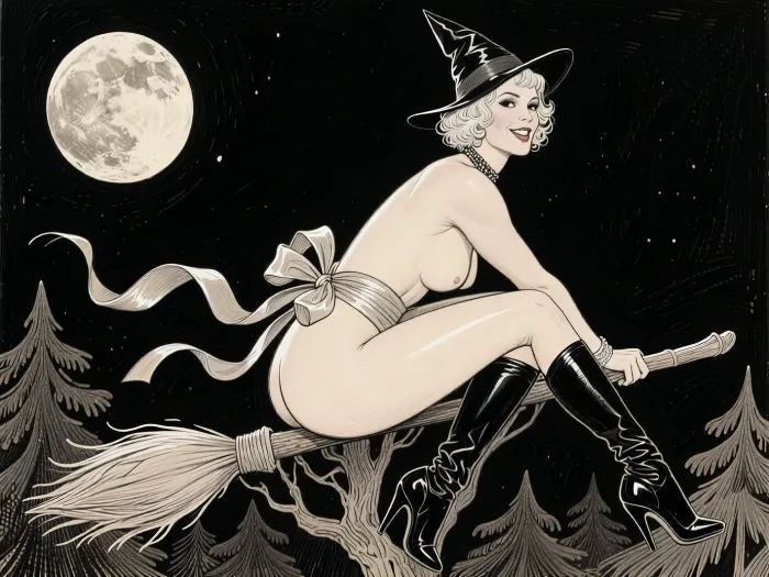 (Line art:2), (monochrome sepia ink drawing, no other color:2), (black and white:2), black background with stylized full moon and forest, ., 1woman, solo, ----------------------------------------------------------------------------------------------------------------------, (a highly detailed portrait picture 1/3 side-view drawing of an ultra-glamorous 1920s movie star:1.2), magnificent 35yo, (She is sitting in a sexy pose on a witch's broom flying over the tops of trees, bending over, looking straight toward the viewer:2), magnificent 35yo pawg athletic lady, platinum blonde curly hair in 1920's short bobcut, (excessively sharp angular facial features:2), (excessively crooked nose:2), (protruding cleft chin:2), ------------------------------------------------------------------------
Her spectacular big torpedo breasts and her pussy are covered with silken bands, forming bows over her butt, and her neck. mischievous smile. She is wearing black louboutin high heel boots, wearing a pointy hat, -------------------------------------------------------------------------------------------------------------------------
stylized sepia ink drawing, pen and ink technique, with cross-hatching and line work. Style of Stramaglia. Style of Bruno LeCoq. Style of Gotha. Drawn using line drawing and cross-hatching techniques to create volume, depth, and shadows. Drawn on textured paper. Fine lines and shading are visible throughout the drawing. Pen and ink style. Fine marine ink, fine pen and ink lines, surgical precision strokes in the fine details and firmness in the details of the thicker lines. Precise pen shading, ink drawing.