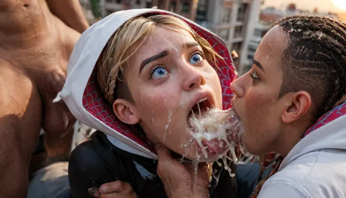 (cum explosion from nose:1.2), (cum explosion from mouth:1.85), summer heat, bright sun, clear weather, ((Close-up girl)), (18 years old), (young), (spider girl Gwen), Braided side Side Cornrows Hair, (tight outfit), athletic body, hood on head, (blonde with pink strands), ((on the roof of a high-rise building, New York, daytime)), (((pyssy cameltoe))), hand, perfect body, gorgeous face, beautiful face, (highly detailed hair), (highly detailed face), highly detailed body, freckles, full body, anal, stretch anus, painful anal, gang bang, group analrape, tight anal, scared face, realistic cum, (cum on clothes:1.4), cum on, (Cum flows:1.5), (cum on body:1.4), cum on hair, (cum on face:1.7), bukkake, ((Clothes and body covered with semen)), (mouth filled with cum:1.5), (cum on hair:1.3), woman, cum, on, face, anal spitroast, gagging on cock, screaming, shocked, tearful, huge penis penetrating anus, deep anal penetration, deep throat penetration, realistic, anatomically correct, spitroast, shot from below, Uber realistic, 8k, ultra detailed, arched back, ((Ultimate realistic photo details)), (((dynamic sexy pose))), (((bright sunlight))), detailxl, large, breasts, big, boobs, huge, tits, 35mm photograph, film, professional, 4k, highly detailed, 1girl, 5 boys, hdr, photographic, ultra realistic, ultra high details, back light, looking at viewer, (front view), (dynamic pose), high resolution, anal sex, with large muscular black men, gargantuan black cocks, anal sex expansion, large hyper muscular black men, (enlarged gaping rectum), oral cream pie, interracial gangbang, (interracial sex), swollen black veiny cocks, (double anal penetration), hardcore double penetration, proper physics, big black cocks, muscular black interracial gangbang, extremely graphic, shocked expression, beautiful hands, massive cum in ass, five distinct non-fused fingers on each hand, hyperrealistic, 8K, BadX, Stable-Yogis-Makeup-Enhancer-XL, spectacular lighting, (((large massive, veiny cock in mouth:1.16))), (eyes wide open in horror:1.72), (wide mouth spreader:1.12), (pleading expression:1.28), (terrified:1.36), (crying:1.24), (fear and panic:1.36), (very high view:1.7), (man is choking her from behind:1.4), ((hogtied, bound for sex, tied up)), red whip marks on body and tits, (whip_marks:1.18), (flogged_tits:1.24), slap marks, deepthroat, black spiked pet collar with leash, tied up in chains, hands behind back, (anal:1.5), (masterpiece:1), blushing, DETAILED background, porn photoshoot, (huge dick), (creamy deep deepthroat:1.24), (extreme oral sex:1.4), (huge massive white dick:1.4), (cum), (hands holding hair), (huge dick:1.4), (creamy deep deepthroat:1.12), (bukakke), (cum in face, cum on body), (covered in cum), <lora:JustCum:2>, <lora:detailed_notrigger:2>, <lora:add-detail-xl:2>, <lora:LCMTurboMix_Euler_A_fix:2>