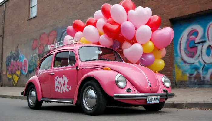 Street romance, a retro volkswagen beetle parked next to a wall completely covered in graffiti with large hearts and the word "Bunny LOVE", a bouquet of balloons on the roof of the car, daylight, urban realism.