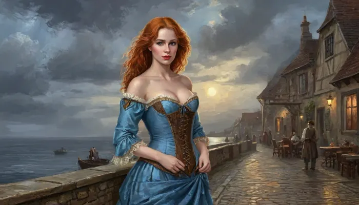 (one woman, Mirabelle Monet, french, mature 40 year old, ginger hair, small breasts, chubby), (outside medieval small seaside inn by the docks, dark rainy evening), (wearing sky blue dress with brown laced bodice corset), (hands on hips), fantasy art, dark scene, artwork, digital painting, concept art, flat colors, <lora:LegendDarkFantasy-000001:1>, <lora:oil painting:.1>, <lora:concept_art_syd_mead:.5>, <lora:Chubby BBW - XL:.4>