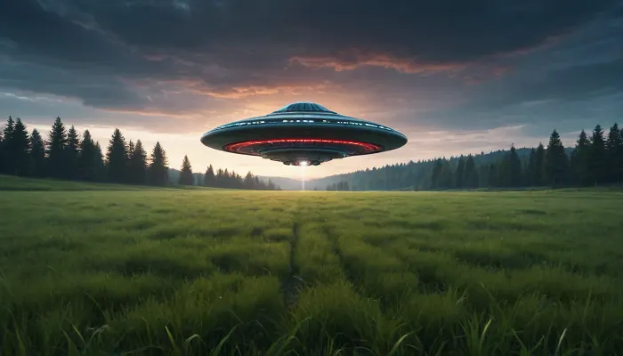 best quality, ultra-detailed, masterpiece, finely detailed, highres, 8k wallpaper, grass field, ((UFO behind in background:1))
