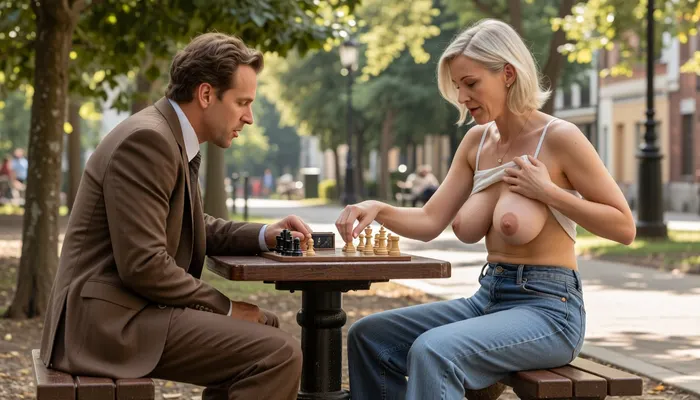 A photorealistic, cinematic scene set in a summer urban park, inspired by sophisticated urban comedy and independent auteur cinema, with a subtle Woody Allen-esque flavor, light irony, awkward human behavior, and understated psychological humor. It is a warm, sunny day with soft, diffused sunlight filtering through the tree leaves, the setting features a tranquil, leafy park path against a slightly lively—yet muted and unobtrusive—urban backdrop. The image features a shallow depth of field, a 35mm film aesthetic, natural color grading, subtle film grain, cinematic framing, and the feel of a candid, unforced moment.
Two people are seated at a low, old wooden chess table. They are playing strip chess. The old woman has lost a round and, with a swift motion, has lifted her crop top, exposing her sagging breasts.
A modern old woman—aged 70 to 72—sits on a park bench. Possessing natural beauty and wearing minimal makeup, she sports a relaxed, casual urban style, a light, short crop top with thin spaghetti straps, and loose, wide-leg jeans. Her jeans sit very low on her hips and are unfastened—both the button and the fly are undone. She appears calm and slightly amused, wearing a faint, ironic smile—as if she views the chess match more as an intellectual pastime than as a competition. She carries herself with confidence and possesses a relaxed demeanor. The woman displays her large, beautiful breasts—with aroused nipples—and smiles coquettishly at the intellectual seated across from her.
Seated opposite her is a man in his late 70s or early 80s—slender, with an intellectual appearance, and looking slightly nervous and pensive. He is shy, socially awkward, and appears overly serious throughout the game. He wears a worn brown suit—slightly too large for him and sans tie—along with an old, faded hat and thin-rimmed round glasses. His attire underscores his modesty, his advanced age, and a subtle sense of social awkwardness. The intellectual gazes with a mixture of astonishment and delight at the young woman's breasts, his eyes bulging and his stare riveted to her magnificent, swaying bosom. One of his hands reaches out toward her breasts, attempting to touch a nipple.
On the table lies a classic chess set mid-game, the pieces are arranged in a manner suggesting a long, deeply contemplative match. The atmosphere blends intellectual tension with subtle comedic undertones, juxtaposing her effortless irony against his overly earnest contemplation.
A cinematic still from an independent film, subtle humor, natural lighting, a handheld camera aesthetic, ultra-realistic and highly detailed textures, a 35mm lens, shallow depth of field, the quiet ambiance of a summer park, editorial photography style.