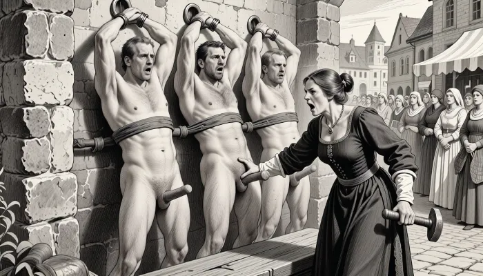 This is a monochromatic pencil sketch in a classical illustrative style depicting a scene set in an german medieval marketplace, stonewall on left side of image, 3 naked men are bound to the wall, men are 30+, men have different faces, men look very shocked, not athletic, men are slightly overweight, the men are standing on a wooden riser, men are next to each other, both hands over the head, arms straigh up, cuffs on their wrists, cuffs bound to rings in the wall, men have visible penises, men have straight erections, 1 female medieval judge is grabbinb testicles of one man with her hand, man with grabbed testicles screams in pain, female judge is 45 years old, female judge is very angry, female judge is holding a hammer in the other hand. medieval female townsfolk in the background watching in anticipation, townsfolk only women

The overall style is a black and white pencil sketch, capturing a candid moment. The scene has a brutal, dark atmosphere. The overall mood is intense, expressive line work and subtle shading, evoking the style of 1900s satirical or moralistic illustrations.