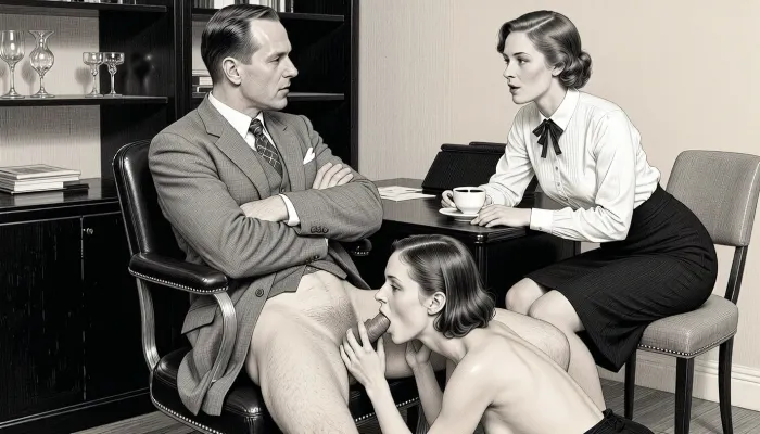 This is a detailed monochromatic pencil drawing in a classical illustrative style depicts a scene set in an office in the 1920s. A professional office setting with three individuals in an intimate interaction. A man in a grey suit and tie sits in a vintage office chair, with arms crossed, looking at a woman in a white blouse and black skirt, who holds a coffee cup. The woman looks at the man. The man is naked from the waist down, his legs are spread. The man has a straight errection. A young woman kneels between the man’s legs, her hands on his testicles, the tip of the penis in her mouth. The women wear typical 1920s clothes and hairdo. The scene is brightly lit with even lighting. The background includes a black shelving unit with glassware and a neutral-colored wall. The composition is centered, with a medium shot capturing the upper bodies and interactions. The overall style is a black and white pencil drawing, capturing a candid moment. The scene has a formal, organized atmosphere. The overall mood is intense, rendered in fine, expressive line work and subtle shading, evoking the style of 1920s satirical or moralistic illustrations.