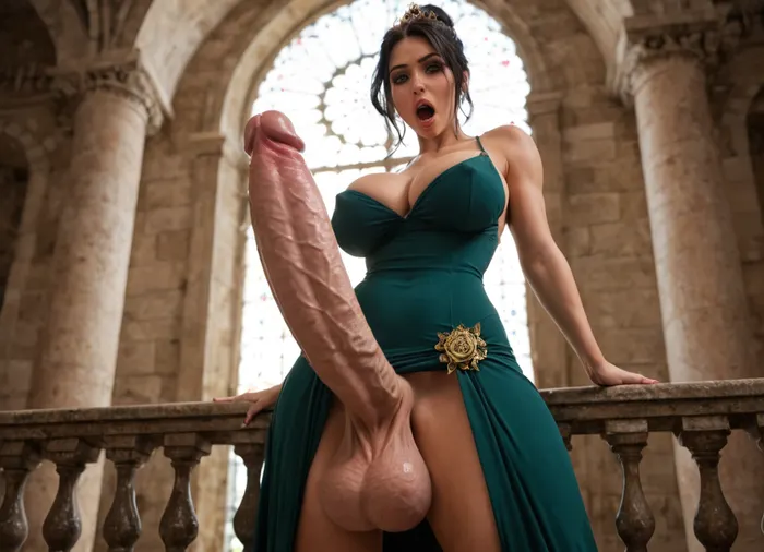 Voluptuous, busty futa queen posing erotically on her palace bed. She’s wearing a tiara and a tight dark green dress. She has a massive cock outlined underneath her dress. She wants sex. She has massive tits and long black hair up in a pony tail. Hidden cock, Huge cock, massive dick outline, Big tits, erotic, arrogant, attitude, lewd, tower balcony, from below, natural lighting, one, sexy, woman, shocked, by, huge, cock, cockshock, <lora:cockshock:.8>