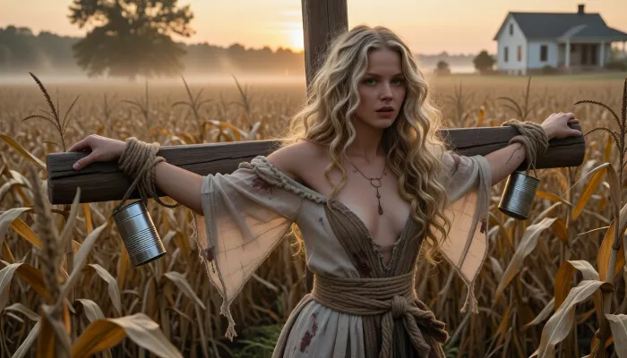 Scarecrow d'ora d'oro: bellezza eterea legata nel mistero del campo di grano