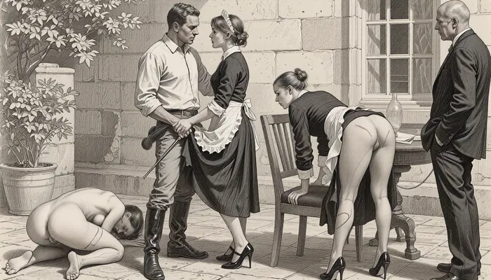 A detailed pencil sketch depicts a tense outdoor scene with multiple figures in a courtyard setting. The central subject is a man in a collared shirt and boots, standing and interacting with a woman in a maids dress who is holding a riding crop. She pulls up her skirt, her buttocks are visible. To his right, another woman in a maids dress and high heels is bent over a chair, appearing in a submissive position. Her skirt is pulled up, her buttocks are visible. Whipmarks are visible on her butt. On the far right, an older man in a dark suit watches the scene. In the foreground, a third woman lies on the ground, naked, whipmarks on her buttocks. she is curled up, lying on her left side. The composition is dynamic, with figures arranged to create a sense of narrative tension. The drawing style is realistic and detailed, using shading to convey form and depth. The background features a stone building with a window and some foliage, suggesting an urban or institutional environment. The lighting appears to be natural daylight, casting soft shadows. The overall mood is dramatic and suggestive, with a focus on power dynamics and human interaction. The image is rendered in grayscale, emphasizing line work and tonal contrast. The technical style is reminiscent of a narrative illustration, with careful attention to anatomy and perspective.
