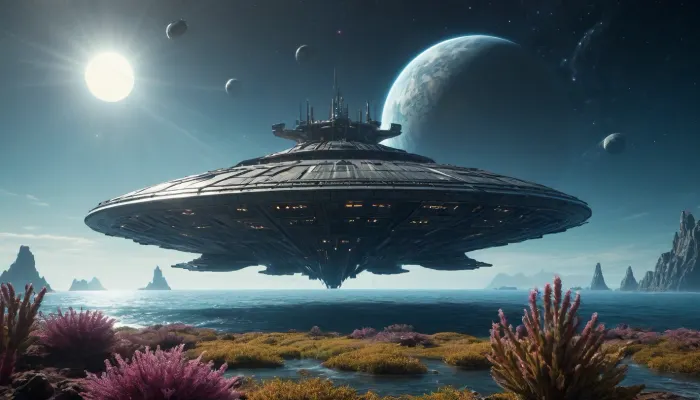 landed spaceship, alien planet with alien vegetation, alien ocean, sci-fi, Hyperion, battlecruiser, schyperionbc, <lora:Hyperion_Battlecruiser_SDXL_Starcraft:2>