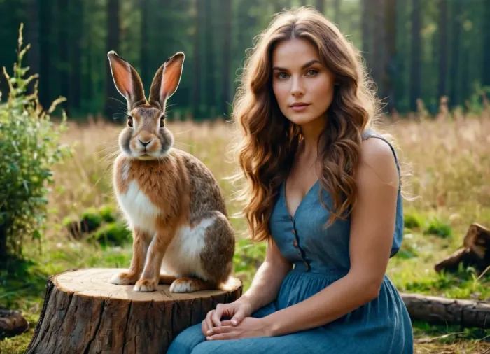 Close-up of a charming woman with long hair, dressed in casual everyday clothes, sitting in a forest clearing. Next to her, sitting on a stump, is a white hare that hasn’t quite finished molting, (fur of various colors), . Natural sunlight, bright colors, photorealism, highly detailed facial features, cinematic lighting.