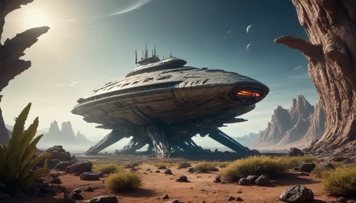 landed spaceship, alien planet with alien vegetation, sci-fi, Hyperion, battlecruiser, schyperionbc, <lora:Hyperion_Battlecruiser_SDXL_Starcraft:2>