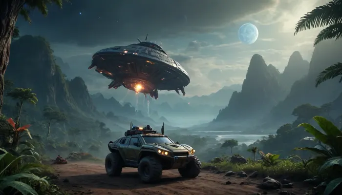 fullcolor image, 8K quality, night, alien planet, fantastic jungles, alien strange landscape, alien ocean, many fantastic animals, some planets satelite visible in sky, small human space cruiser hovering low over the landscape, an armored all-terrain vehicle drives through the jungle towards the mountains