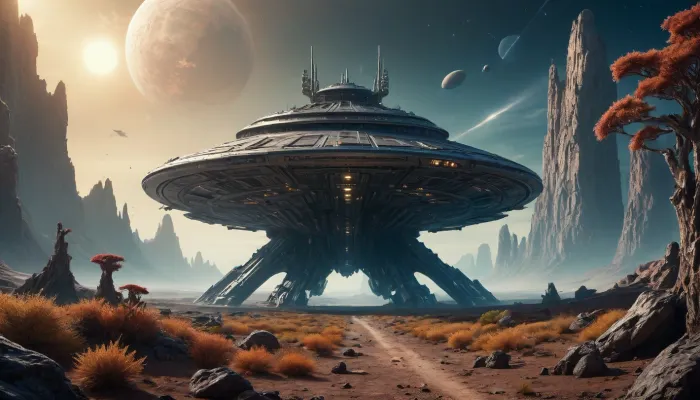 landed spaceship, alien planet with alien vegetation, sci-fi, Hyperion, battlecruiser, schyperionbc, <lora:Hyperion_Battlecruiser_SDXL_Starcraft:2>