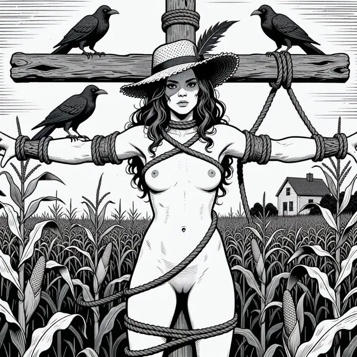 A black-and-white line art illustration depicts a woman bound to a wooden cross-like structure in a cornfield, styled as a scarecrow. The subject is a nude woman with long, wavy hair and a solemn, direct gaze, her body secured with rope to the crossbeams. She wears a straw hat with a feathered brim, and two crows perch on the structure—one on her shoulder, the other on the top beam. Her pose is static and restrained, with arms outstretched and legs bound, evoking a sense of vulnerability and sacrifice. The background features a dense field of tall corn stalks and a small farmhouse in the distance. The scene is rendered in a high-contrast, detailed linework style reminiscent of classic horror or fantasy comic art, with strong outlines and minimal shading. The lighting is flat and illustrative, emphasizing the starkness of the composition. The overall mood is eerie and unsettling, blending elements of rural folklore with a surreal, symbolic narrative.