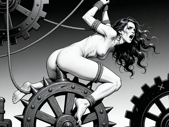 A high-contrast black-and-white illustration depicts a nude woman in a state of distress, suspended by ropes tied around her wrists and ankles. She is positioned in side view riding on top of a large, spiked wooden wheel, which is between her legs with one of the spikes penetrating her vagina, her body arched backward with arms raised, conveying a sense of struggle and anguish. Her long, wavy hair flows dynamically, enhancing the dramatic motion. Her facial expression is one of intense pain or fear, with wide eyes and an open mouth as if screaming. The composition is dominated by industrial elements—large, mechanical gears loom in the background, reinforcing a steampunk or torture device aesthetic. The woman’s skin is rendered with detailed shading, emphasizing form and tension, while the ropes and wooden textures are intricately drawn. The lighting is stark and directional, creating deep shadows and highlighting the contours of her body and the machinery. The background is a gradient gray, keeping focus on the central figure and the oppressive mechanical environment. The image is rendered in a graphic, ink-style illustration with strong linework and cross-hatching, evoking a dark, surreal, and oppressive atmosphere. The overall style is reminiscent of adult-themed concept art, combining anatomical precision with a disturbing, mechanical theme.
