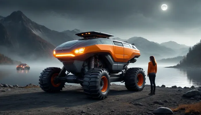 Space Design 2050. Large and high panoramic roof. The machine resembles a combine harvester. Tinted windows. Gray fog, moonlight, close-up, high detail. The car is parked on the shore of a mountain lake. Background in fog, colored, (dark:.8), printed circuit board, circuit board, (a lot, hands, caresses, woman, body:1.3), luminous, xl_v1, .8>, Drawing, author, Orange fantasy