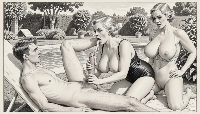 This is a monochrome pencil sketch in a classic illustrative style, depicting a scene set in a 1920s garden. It is an outdoor garden with a swimming pool, on a sunny summer day, three figures appear in the drawing, a young man and two older women. The man is 18 years old, he lies on a sun lounger and possesses blond hair, his swim trunks pulled down, as well as a perfect penis—complete with pubic hair—that, is fully erect. One of the women—a 50-year-old, mature, curvy woman of Scandinavian descent, wears a 1920s-style swimsuit. She is kneeling, her body is fully covered by the swimsuit, save for her large breasts, which spill out of the neckline., (((She is masturbating the man's large cock))), (which then ejaculates semen:1.5), (intending to swallow the cum), (((she holds her open mouth directly in front of it))), The other woman—18 years old, with a curvy figure, large breasts, and an aroused expression—stands beside her. She wears a 1920s-style bra, her hairy pussy is visible, and she is gazing down at the man's penis. Both women possess enormous breasts.

The overall style is a black and white pencil sketch, capturing a candid moment. The scene has a formal, organized atmosphere. The overall mood is intense, expressive line work and subtle shading, evoking the style of 1920s satirical or moralistic illustrations.
