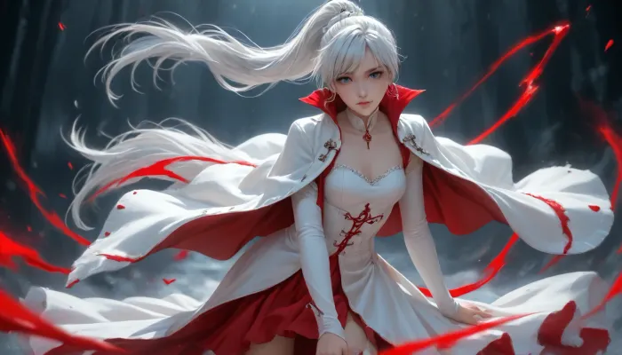 Weiss Schnee from RWBY. She is wearing a white dress. She is wearing a white jacket with red lining. She is wearing white boots with red lining. She has very long white hair in a ponytail. blue eyes. She is short, athletic, and slim with small breasts.