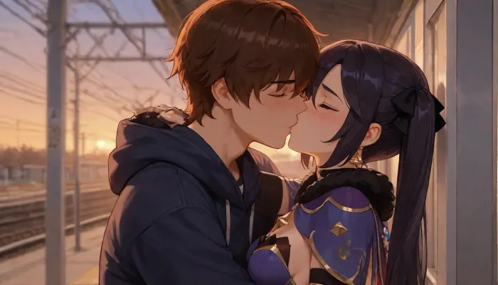 side view, 1boy 1 girl, fully clothed, at train station, Mona Megistus from the Genshin Impact series, blushing, small breasts, golden hour, wholesome, nostalgic, date, sad, tears, wholesome kiss, cuddling, mona megistus clothes, <lora:Terasu_mc_XL:2>