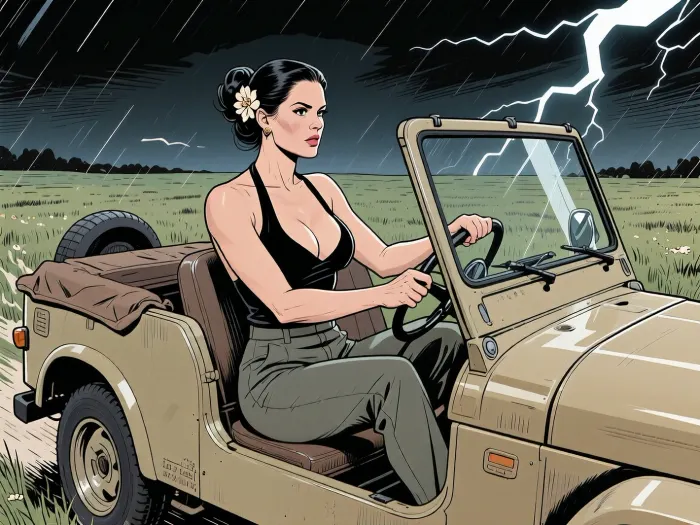 (detailed colorized pen and ink sketch:2), extremely stylized background, An illustration in a graphic style, 1woman, solo, ------------------------------------------------------------------------------------------
A 35yo busty aristocratic lady with dark hair in a strict updo and a flower in her hair is driving a wide open khaki jeep cabriolet across a wide open meadow, wearing a black halter top with deep cleavage, riding trousers, She has a supremely confident expression, concentrated, the car is going fast, dramatic dark background with lightning and rain, speed lines, she has both hands on the steering wheel, ----------------------------------------------------------------------------------------------
The artwork uses soft-contrast linework and cross-hatching for texture and depth, with a stark, graphic quality reminiscent of French comix. The lighting is implied through strong shadows and line work, creating a dramatic, theatrical mood. The overall style is illustrative, with exaggerated proportions and a focus on narrative and character interaction.