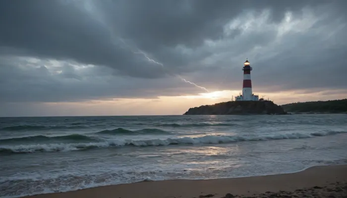 ((a 16th-century lighthouse a storm)), ocean, storm, tempest, lightning, powerful waves, foaming waves, on the sea, outdoors, photography