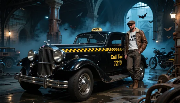 Depict a vintage Duesenberg, transformed into a bold New York taxi, painted deep black with vivid yellow checkered squares, the side emblazoned with "Call Taxi 1210", its glossy black finish showing subtle wear, chrome grille and headlights gleaming, long vented hood and robust fenders, chrome hubcaps shining, next to it, a rugged driver leans, wearing a worn leather jacket, underneath a brown aviator jacket, a white T-shirt with a clearly print "PORN WORKS", clearly legible, (each letter sharp and distinct:1.5), a used brown chauffeur cap, sunglasses, and boots, with a three-day beard, blending mafia grit and cowboy flair, his face detailed, masculine, a subtle calm smile on his lips, a short beard framing his jaw, his stance confident, a smirk and hint of danger, the entire scene surreal and rich with character, ultra-sharp details, realistic skin texture, refined contrast, 8k detail, authentic facial expression, clean composition, (maximum photo quality:1.4), (maximum resolution:1.5), mist and drifting fog enveloping the scene, the darkness inside the cavernous space of the taxi garage, the underground world hidden beneath a decaying gothic city, enormous steel pillars disappearing into the shadow, flooded floors reflecting a cold blue light, deep shadows swallowing the vast architecture, massive vaulted ceilings barely visible, old trains, motorcycles, scattered machinery, bats in chaotic flight, weak volumetric light, wet surfaces gleaming, rusted metal, neo-gothic structure mixed with brutalist industrial design, tiny human silhouettes, isolated lamps, atmosphere heavy with mist and dread, deep blacks, cold cyan lights, faint warm tungsten glows, analog film look, heavy grain, shallow focus, cinematic underexposure, a dark ambient aesthetic, a hidden underground world, hyper-detailed textures, atmospheric realism, every shadow and reflection immersed in suspense, A slender woman sticks her small, firm, naked bottom out of the car window from the inside