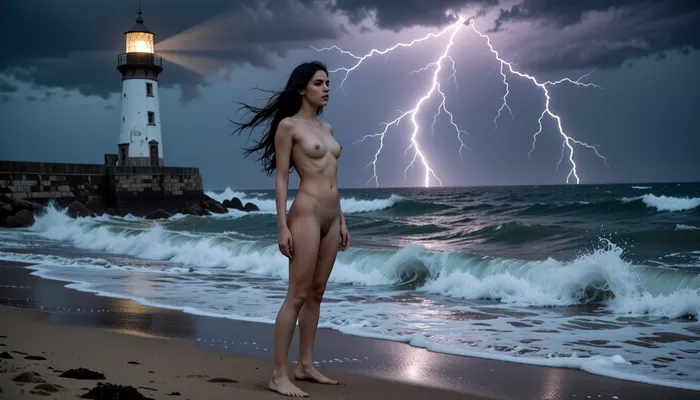 ((a 16th-century lighthouse a storm)), beautiful brunette standing naked on the beach, long black hair flowing, ocean, storm, tempest, lightning, powerful waves, foaming waves, on the sea, outdoors, photography