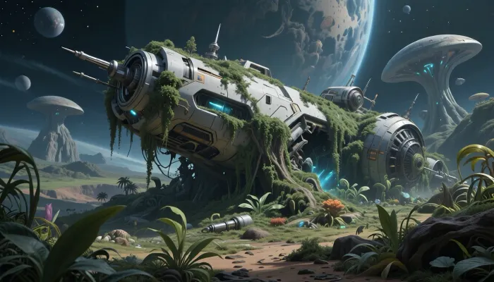wreck of a spaceship, the wreck is covered with vegetation, alien planet, fantastic vegetation, fantasy world, sci-fi