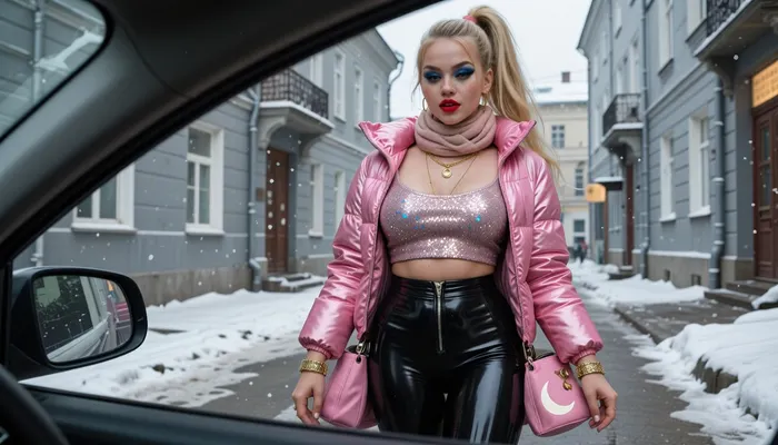 ugly russian girl, 18 years, (russian face:1.9), small body, chubby, blonde, golden necklace and braceletts, high ponytail, intense saturated red lipstick, glittering blue eyeshadow, black mascara, freckles, rouged cheeks, zipped black latex leggings, shiny pink puffer down jacket, glittering top, pink moonboots, scarf, shoulder bag, on a russian street, grey buildings, grey and cold winter day, snow, viewed from inside a car