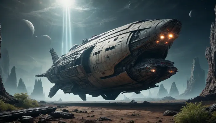 Wreck spaceship. sci-fi, Alien planet with alien vegetation, Hyperion, battlecruiser, schyperionbc, <lora:Hyperion_Battlecruiser_SDXL_Starcraft:2>