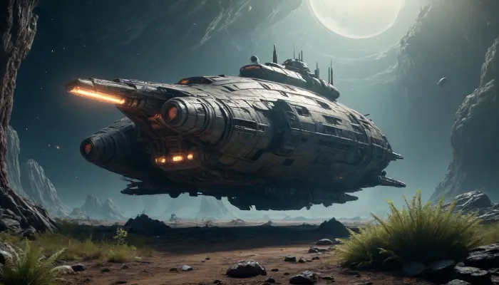Wreck spaceship. sci-fi, Alien planet with alien vegetation, Hyperion, battlecruiser, schyperionbc, <lora:Hyperion_Battlecruiser_SDXL_Starcraft:2>