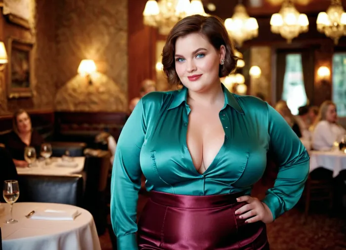 portrait, overweighted model, satin, shirt, skirt, short hair, seductive smile, massive fat bosom, blue green eyes, chubby face, catwalk, detailed chubby face, tubby waist, makeup, lipgloss, professional photography, cozy luxury Restaurant