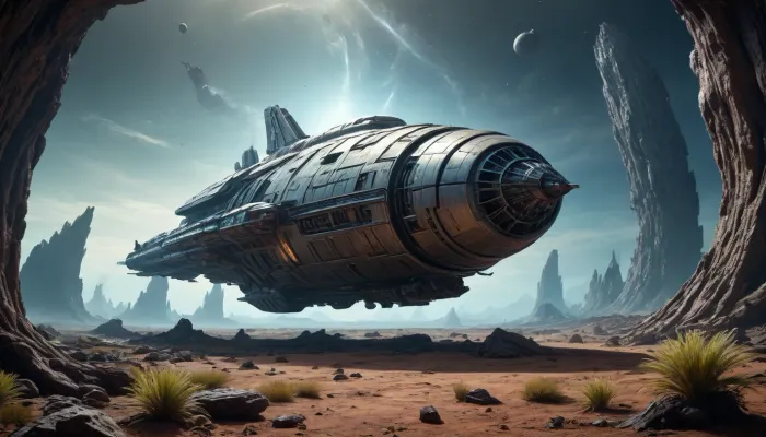 crashed spaceship, alien planet with alien vegetation, sci-fi, Hyperion, battlecruiser, schyperionbc, <lora:Hyperion_Battlecruiser_SDXL_Starcraft:2>