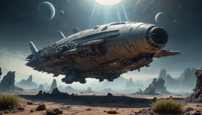 crashed spaceship, alien planet with alien vegetation, sci-fi, Hyperion, battlecruiser, schyperionbc, <lora:Hyperion_Battlecruiser_SDXL_Starcraft:2>