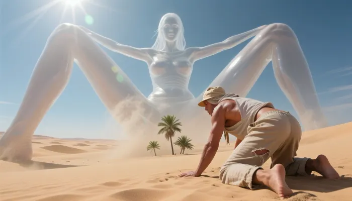 A highly detailed photorealistic desert landscape beneath a merciless blazing midday sun, the composition dominated almost entirely by an immense sky occupying nearly seventy percent of the image, while only a narrow strip of endless golden desert dunes stretches across the lower edge of the frame, cinematic scale emphasizing overwhelming emptiness and isolation, violent heat haze rising from the sand, the atmosphere vibrating with shimmering distortion and burning sunlight, In the foreground at the right side, viewed from a dramatic over shoulder perspective, a desperate exhausted man crawls on all fours through the sand toward the horizon, his entire body visible from behind, moving directly toward the distant mirage, his posture collapsing from dehydration and exhaustion, muscles trembling beneath sunburned skin covered in sweat, dust and sand, every pore, fabric fiber and grain of sand rendered in hyper realistic detail, his torn linen shirt hanging loosely from his body, ripped beige linen pants worn and dirty, barefoot hands digging into the sand, a weathered beige safari hat on his head with a protective cloth hanging behind his neck, cinematic realism emphasizing desperation, suffering and determination, The sky itself is almost completely filled by an enormous female fata morgana in natural beauty, dominating the heavens like a translucent goddess, viewed entirely from the front, impossibly gigantic, her semi transparent body stretching across nearly the entire width and height of the sky, ethereal and softly flickering within the atmospheric distortion, both shoulders visible, both arms extended backward supporting her upper body, both breasts naturally visible in artistic proportions, her face calm, hypnotic and majestic, staring directly outward, her gigantic legs spread wide toward the viewer and slightly bent, creating an immense symmetrical open posture spanning the horizon itself, Exactly in front of her vagina several tiny vivid green palm trees appears, only a few miniature palm trees visible through the shimmering heat haze, almost microscopic compared to the immense scale of the fata morgana, the palm trees appearing like a symbolic hallucination of survival and hope within the infinite desert emptiness, Extreme cinematic scale, analog 35mm film look, subtle film grain, realistic atmospheric perspective, hyper detailed textures, masterpiece composition, surreal desert noir atmosphere, harsh sunlight and deep shadows, emotionally overwhelming visual storytelling, dreamlike realism, shimmering air distortion everywhere, maximum realism and cinematic immersion