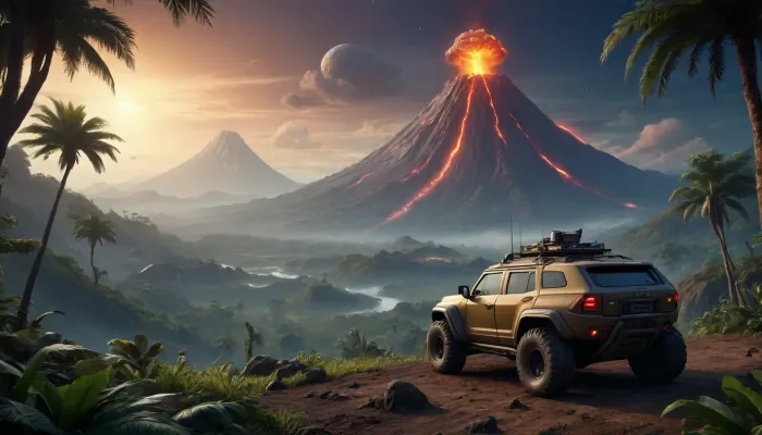 fullcolor image, 8K quality, night, alien planet, fantastic jungles, a volcano background, alien strange landscape, many fantastic animals, some planets satelite visible in sky, space cruiser hovering high over the landscape, an armored all-terrain vehicle drives through the jungle towards the volcano