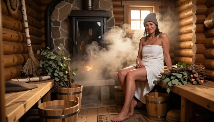 A cozy, traditional Russian timber log bathhouse filled with soft golden steam. A warm, matronly, curvy Russian woman sits relaxed, on a bench, wearing a, (felt banya hat, shapka:1.3), and wrapped in a plain white sheet, gentle rim light outlining her silhouette. Her damp hair glows in the light, and she smiles gently at the viewer. Fragrant bundles of leafy birch, oak and eucalyptus twigs rest beside her, wooden buckets and soft steam surround her. The atmosphere feels rustic, peaceful, and authentically Russian — rustic log cabin interior, thick wooden log walls, wide wooden benches, heavy swirling white steam, volumetric lighting, god rays through a tiny window, warm amber glow, warmth, harmony, and feminine grace. Her skin is slightly reddened by the heat, a gentle sweat but her posture is relaxed and composed, inviting but serene.
Wooden walls, (birch venik, leaf broom soaking in a wooden bucket:1.2), massive gated stone stove in the background creating soft clouds of steam, bundles of leafy twigs, buckets, soft golden steam rising, golden light filters through soft steam, illuminating the wooden walls and creating a warm, cozy atmosphere The steam drifts naturally, forming a delicate haze that softens the scene and enhances the feeling of peace and warmth.