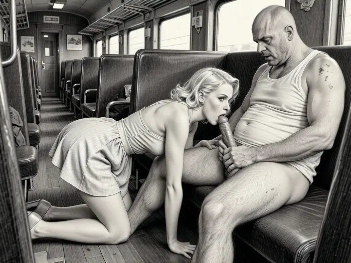 This is a detailed monochromatic pencil drawing in a classical illustrative style depicts a scene set in1950s /USSR, (((1950 pinup style))), dirty reserved seat of a long-distance train carriage, a very beautiful blonde hair in pin-up style MILF, she is dressed in a swinger dress, 1950s dress, The hem of her dress is up, She's Standing on all fours on the floor of the carriage compartment and sucking a dick from a sucks on a seated man next to her a fat unshaven bald lustful man in only a sloppy tank top, (((a woman's head near a man's groin))), ass up, female orgasm, He's mocking her, hardcore deep blowjob, deepthroating oral sex, cheating, his hand on her head, her tits are shaking in time with the movements of his pelvis, driving his cock into her mouth, (cuckold sex scene:1.5), messy Bob cut, Ad, Russia, Style, vintage, advertisement, retro, 1950's . The overall style is a black and white pencil drawing, capturing a candid moment. The scene has a formal, organized atmosphere. The overall mood is intense, rendered in fine, expressive line work and subtle shading, evoking the style of 1950s satirical or moralistic illustrations.