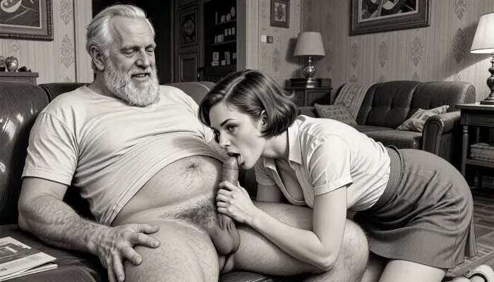 This is a detailed monochromatic pencil drawing in a classical illustrative style depicts a scene set blowjob in 1950s, (obese bearded white haired older dilf sitting on the couch in the living room of a Soviet apartment receiving blowjob by milf woman Kneeling in front of him), POV, lustful smile, focused on hairy scrotum, milf woman is helping older dilf cum, sucks the older dilf's cocks, (((beautiful short brown hair milf, madam with hourglass figure, she is wearing in an open blouse and a skirt, (wide hips)))), ((the woman tilted her head to older man's groin)), (((the woman looks at the camera))), (the man one hand on woman's head), her skirt lift, ass up, undersides of penis, ((a woman sucks of a man's penis)), dimly lit, tiny penis, sitting on the couch in the living room of a Soviet apartment, fat and skinny, v neck t shirt pulled up above big hairy belly, ((pubic hair:1.7)), ((scene deepthroating:1.5)), ((cock deep in a woman's mouth:1.5)), cum on woman's lips, hairy scrotum. The overall mood is intense, rendered in fine, expressive line work and subtle shading, evoking the style of 1950s satirical or moralistic illustrations.