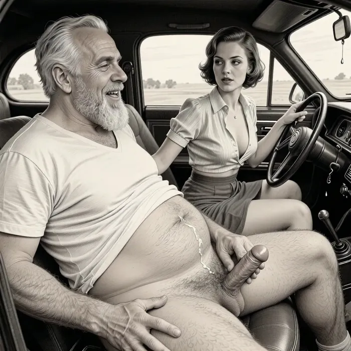 This is a detailed monochromatic pencil drawing in a classical illustrative style depicts a scene set 1950s, (obese bearded white haired older dilf in passenger seat receiving handjob by milf woman in driver seat), POV, lustful smile, focused on hairy scrotum, milf woman in driver seat is helping older dilf cum, precum, dripping older dilf's cocks, (((beautiful short brown hair milf, madam with hourglass figure, she is wearing in an open blouse and a skirt, (wide hips)))), (the man one hand grops woman's hip), undersides of penis, ((a woman looks at a man's penis)), dimly lit, tiny penis, sitting in car, fat and skinny, receiving handjob, v neck t shirt pulled up above big hairy belly, ((pubic hair:1.7)), cum on woman's lips, sweatpants pulled down, masturbation, hairy scrotum. The overall mood is intense, rendered in fine, expressive line work and subtle shading, evoking the style of 1950s satirical or moralistic illustrations.