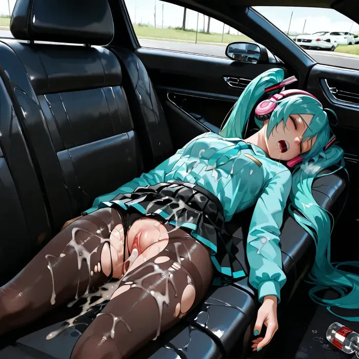 masterpiece, best quality, 8k, 3D IRL, Hatsune Miku, (inside a big dark car, interior of car, (unconscious, passed out, mouth open, hard fuck in the car, drugged:1.3), (being raped hard, brutal force, being used:1.4), Torn, random clothing and a skirt, pink headphones, turquoise twin tails, netted pantyhose, torn clothes:1.3), (cum inside, creampie, messy fluids everywhere, sticky:1.3), (dead eyes, drooling, eyes closed), (dark atmosphere, detailed interior), hyperrealistic texture.