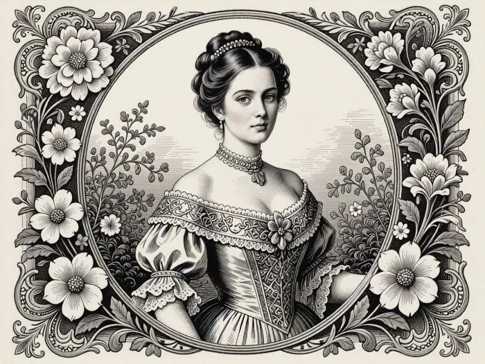 A retro-style black-and-white engraving depicting a beautiful Victorian lady in an ornate gown and with an elegant 19th-century hairstyle, surrounded by floral motifs and set in a vintage engraved frame, a black-and-white engraving in the style of an antique monochrome engraving, executed with a masterful line, (engraving style), .