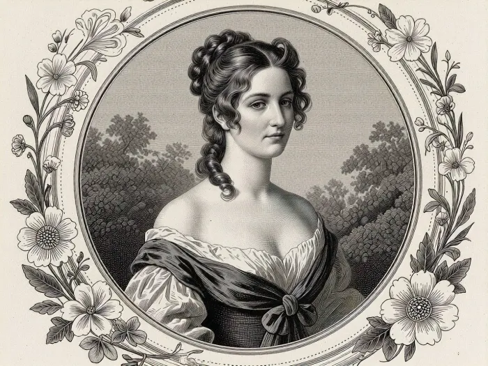 A retro-style black-and-white engraving depicting a beautiful English lady from the early 19th century wearing a dress from the 1820s–30s and sporting an elegant early 19th-century hairstyle, surrounded by floral motifs and set in a vintage engraved frame, a black-and-white engraving in the style of an antique monochrome engraving, executed with a masterful line, (engraving style), .