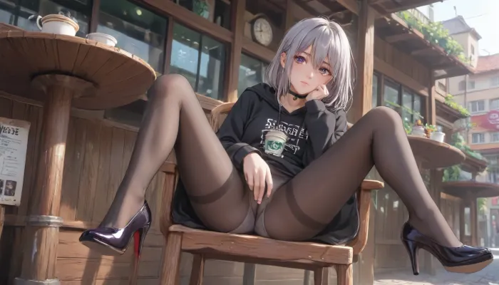 masterpiece, best quality, ultra detailed, 8k, raw photo, score_9, score_8_up, score_7_up, score_6_up, 1girl, beautiful anime girl, long straight silver hair, hair between eyes, sharp purple eyes, delicate face, subtle blush, black oversized hoodie, black choker, black sheer glossy pantyhose, shiny purple high heels, sitting on chair at outdoor cafe, legs spread wide, thighs parted, knees open, white panties with detailed lace under the tights, hand resting on chin, thoughtful expression, slight head tilt, looking at viewer, outdoor cafe patio, wooden deck, round metal table with coffee cup, modern cafe with large windows, KADE CAFE sign, sunny day, soft sunlight, depth of field, slightly low angle, focus on spread legs, detailed glossy pantyhose, bulging cock through pantyhose, reflective purple heels, <lora:outline_xl_kohaku_delta_spv5x:1.3>, <lora:NEOTOKIOXL_0.2_RC:.7>, <lora:Ppolar-P3v1-NbVp10:.7>, <lora:cartoon_stickers_xl_v1:.5>