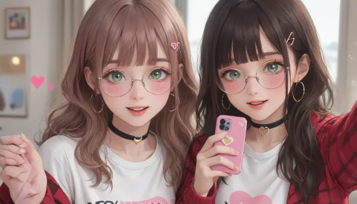 masterpiece, best quality, amazing quality, very 2girls, anime style, selfie, brown hair girl with long straight hair and blunt bangs, yellow-green eyes, pink heart hair clip, black choker with heart pendant, heart print black t-shirt, red plaid jacket, small hoop earrings, blushing cheeks, open mouth smile, holding pink smartphone, dark brown hair girl with long wavy hair, blue-green eyes, round gold glasses, dark brown zip-up hoodie with white drawstrings, white t-shirt underneath, blushing, bokeh background, warm pink tones, floating pink hearts, sparkles, close-up portrait, upper body, high quality, detailed, soft lighting, <lora:outline_xl_kohaku_delta_spv5x:1.3>, <lora:NEOTOKIOXL_0.2_RC:.7>, <lora:Ppolar-P3v1-NbVp10:.7>, <lora:cartoon_stickers_xl_v1:.5>